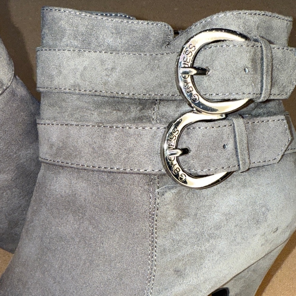 GUESS Women's Silver Buckle Gray Ankle Booties with stiletto heel